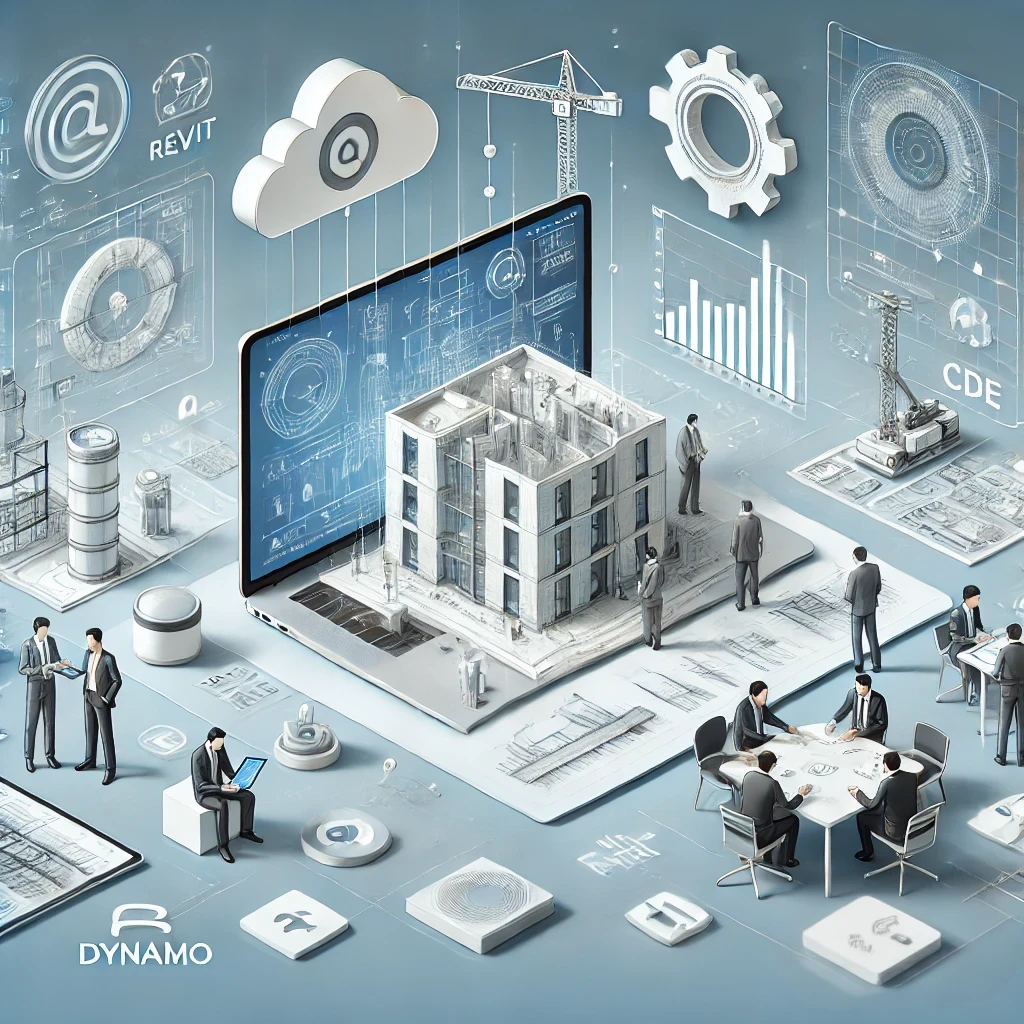 Ilustracja przedstawia proces modelowania BIM w akcji. Widać ekran komputera z modelem 3D budynku, tablet używany do koordynacji projektowej przez inżynierów i architektów, oraz ikony narzędzi Tekla i Archicad. W tle znajdują się elementy związane z automatyzacją, takie jak roboty budowlane i chmury danych symbolizujące platformy CDE. Kolorystyka utrzymana jest w bieli i odcieniach niebieskiego, nadając całości profesjonalny i technologiczny charakter.