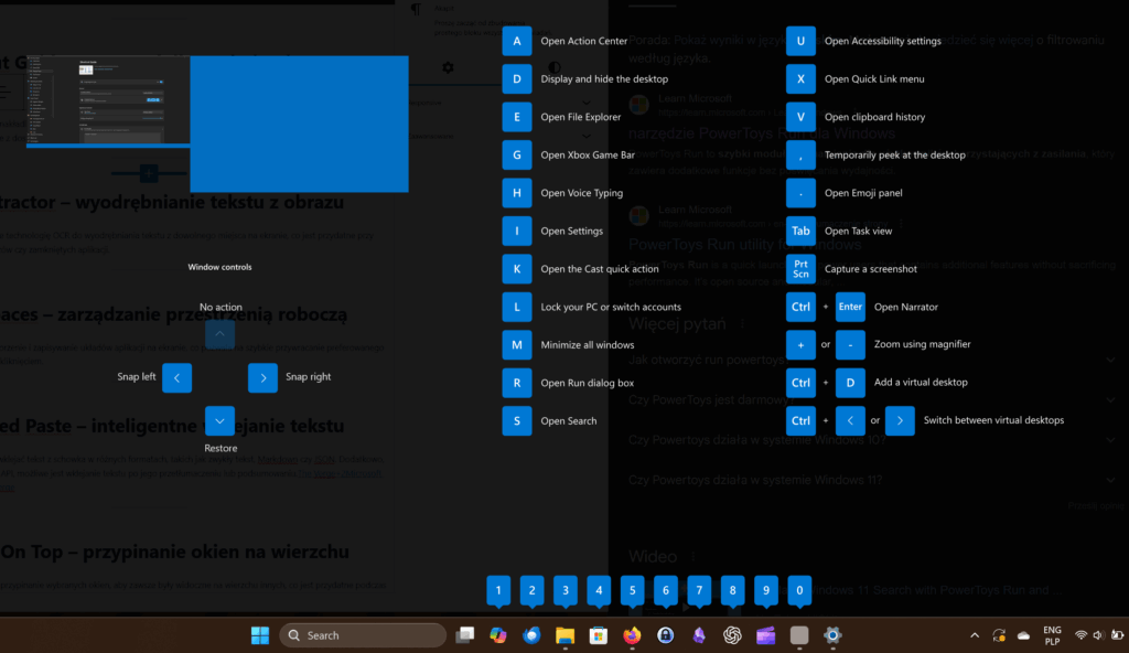Zrzut ekranu z aktywnym modułem „Shortcut Guide” w PowerToys, prezentującym listę dostępnych skrótów klawiaturowych systemu Windows po przytrzymaniu klawisza Windows. Po lewej stronie znajdują się podpowiedzi do zarządzania oknami (np. przypinanie, przywracanie), po prawej – skróty do funkcji systemowych (np. A – Action Center, E – File Explorer, K – Cast, Tab – Task View, D – Pulpit). U dołu widoczne są skróty numeryczne do przełączania między wirtualnymi pulpitami.