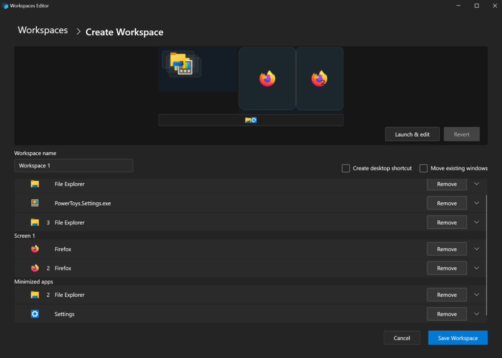 Zrzut ekranu z edytora Workspaces w PowerToys, przedstawiający tworzenie nowej przestrzeni roboczej o nazwie „Workspace 1”. W górnej części widoczny jest graficzny układ okien z aplikacjami Firefox. Poniżej znajduje się lista aplikacji przypisanych do przestrzeni, w tym File Explorer, PowerToys.Settings.exe i Firefox (na ekranie 1) oraz aplikacje zminimalizowane (File Explorer i Settings). Po prawej stronie dostępne są opcje „Remove” przy każdej aplikacji oraz przyciski „Launch & edit”, „Revert”, „Cancel” i „Save Workspace”.