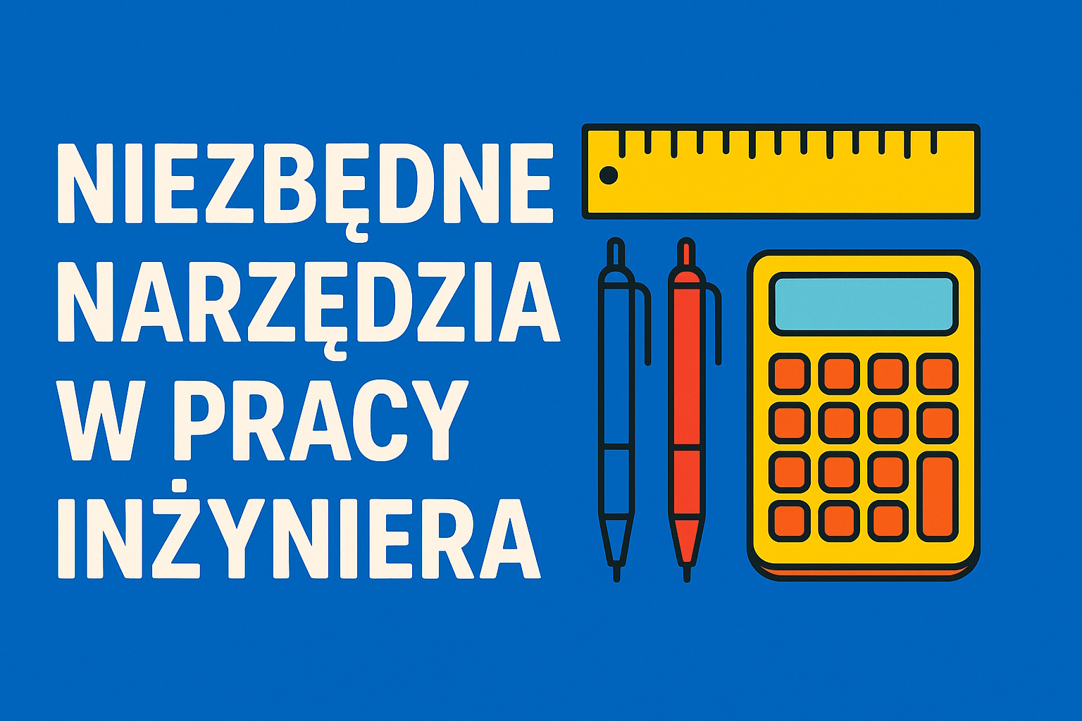 Miniaturka z napisem „NIEZBĘDNE NARZĘDZIA W PRACY INŻYNIERA” na niebieskim tle, obok kolorowe grafiki linijki, dwóch długopisów i kalkulatora – dynamiczna i czytelna kompozycja