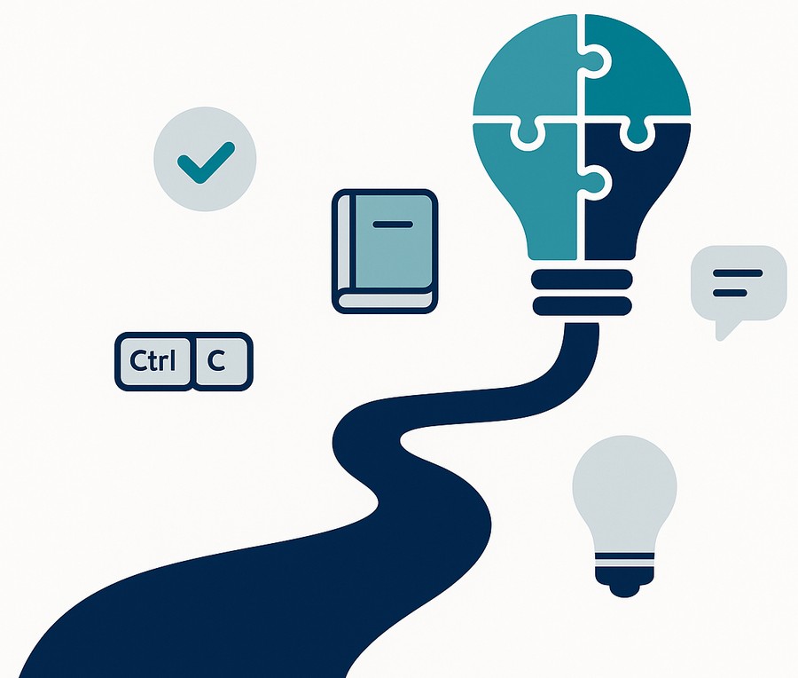 Minimalistyczna ilustracja wektorowa na białym tle: ciemnoniebieska wijąca się droga prowadzi do żarówki ułożonej z czterech puzzli w odcieniach turkusu. Wokół znajdują się ikonki: zielony znacznik „check”, mały notes, klawisze „Ctrl + C” oraz dymek rozmowy – symbole nawyków, wiedzy i wymiany pomysłów.