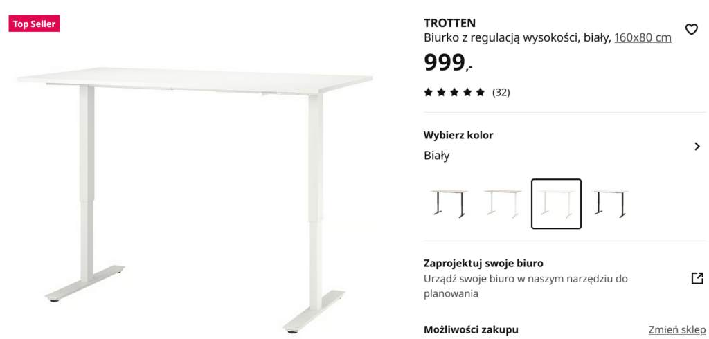Białe biurko z regulacją wysokości IKEA TROTTEN o wymiarach 160×80 cm, przykład ergonomicznego biurka do pracy przy komputerze.