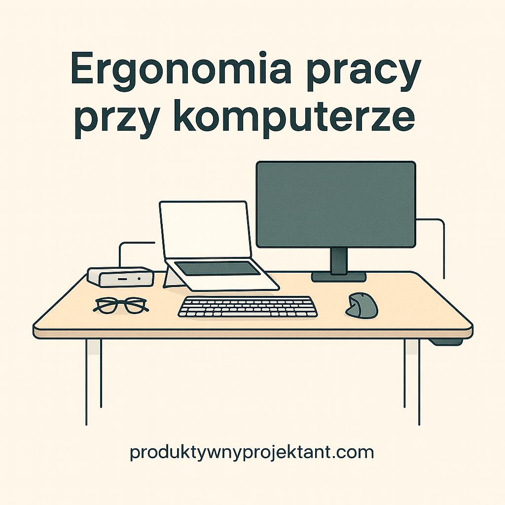 Minimalistyczna grafika przedstawiająca ergonomiczne stanowisko pracy przy komputerze z biurkiem regulowanym, monitorem na ramieniu, laptopem i okularami na blacie.