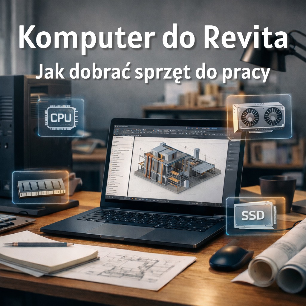 Stanowisko pracy z laptopem, modelem BIM na ekranie i ikonami podzespołów: CPU, GPU, RAM i SSD