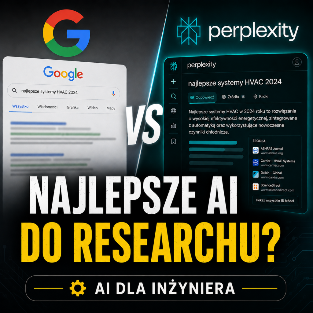 Miniatura porównująca Google i Perplexity AI jako narzędzia AI do researchu technicznego. Po lewej stronie widoczna wyszukiwarka Google, po prawej nowoczesny interfejs Perplexity analizujący systemy HVAC. Na środku duży napis „Najlepsze AI do researchu?” oraz dopisek „AI dla inżyniera”.