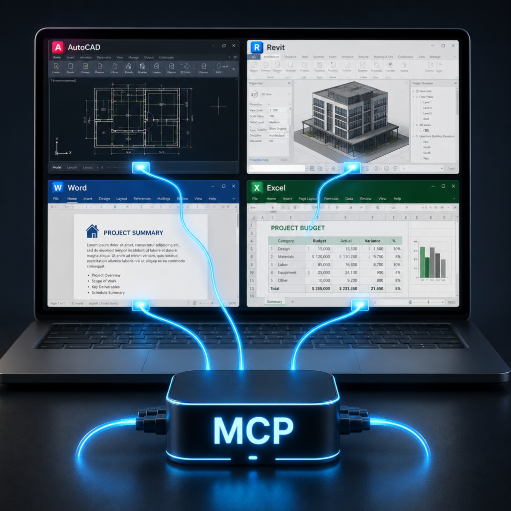 MCP do CAD/Office - Laptop z otwartymi czterema oknami aplikacji (AutoCAD, Revit, Word, Excel), z których każde ma podłączony kabel do centralnego huba z napisem "MCP".