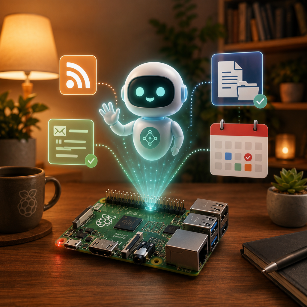 Hermes Agent - Raspberry Pi z ikoną bota/agenta wychodzącą z niego, w tle ikony RSS, Paperless, harmonogramu. Ciepłe, domowe światło.