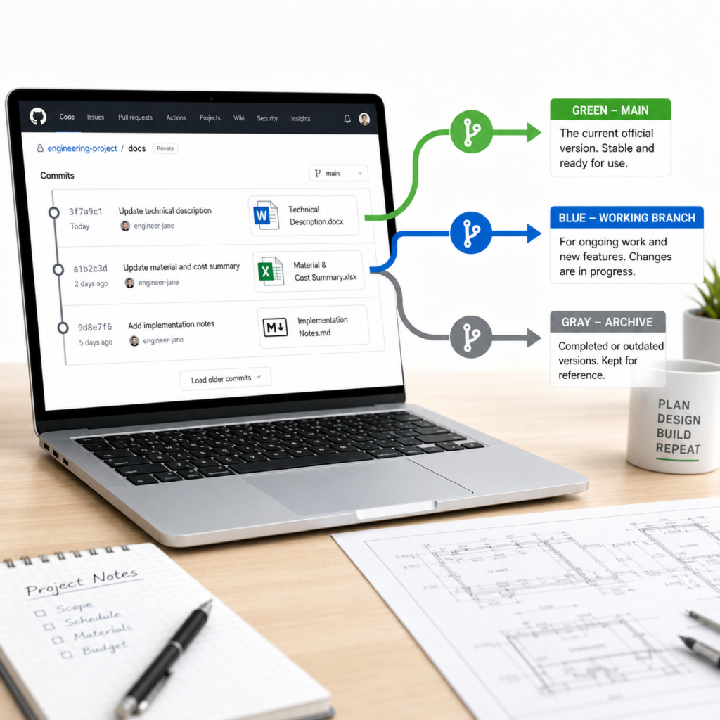 Stół projektowy (biurko inżyniera), na nim laptop z otwartym interfejsem GitHuba. Na ekranie widoczna oś czasu commitów z ikonami plików: dokument Word (opis techniczny), arkusz Excel (zestawienie), notatka Markdown. Obok laptopa leży wydrukowany rysunek techniczny w tle, ale nieostry - dla kontekstu branży. Z ekranu wychodzą trzy strzałki gałęzi git w kolorach: zielona (main - wersja aktualna), niebieska (branch - wersja robocza), szara (archiwum). Czyste, jasne tło, styl "technical but friendly". Zero BIM, zero modeli 3D.