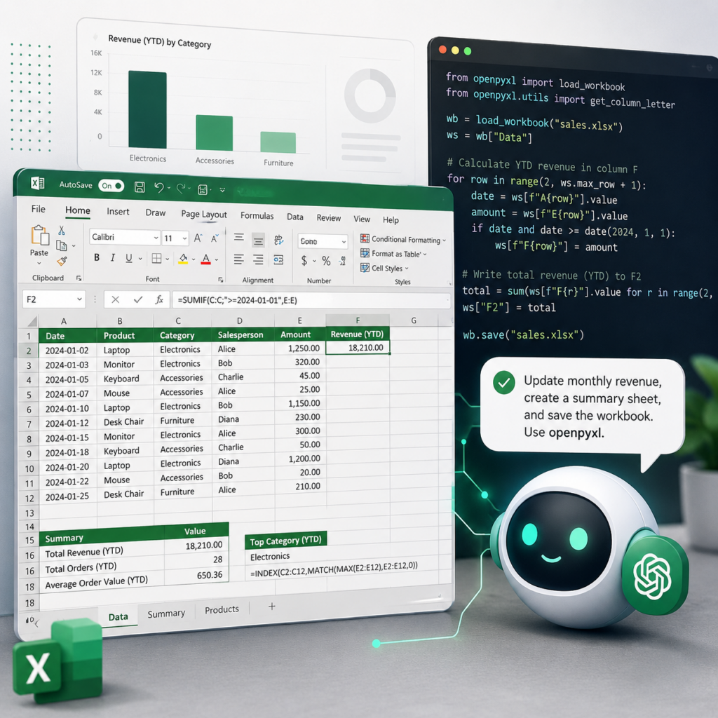 Excel + Codex - Arkusz Excela z formułami, obok ikona AI z dymkiem promptu. W tle wykres słupkowy i fragment kodu Python (openpyxl).