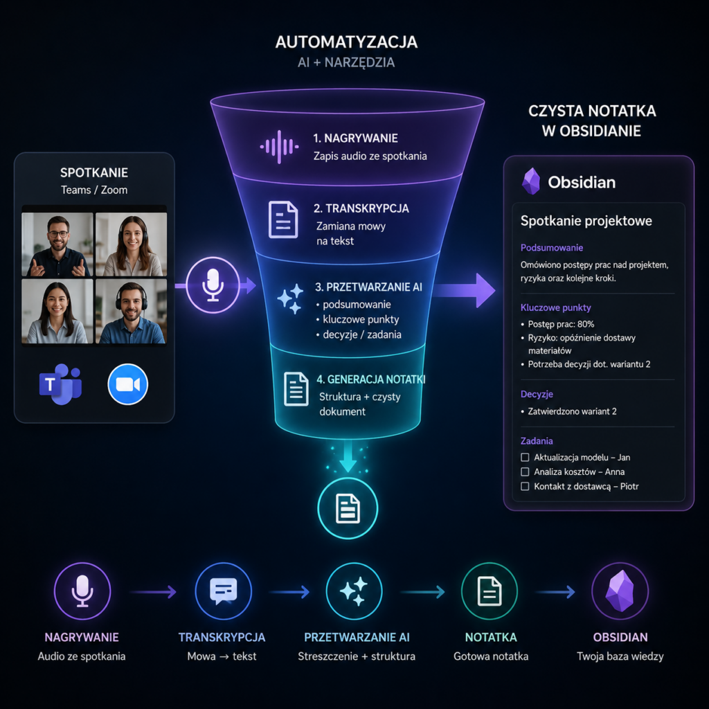 Podsumowanie spotkań AI - Dymek spotkania (Teams/Zoom) przechodzący przez lejek automatyzacji (ikony: mikrofon, transkrypcja, dokument) i wypadający jako czysta notatka w Obsidianie.