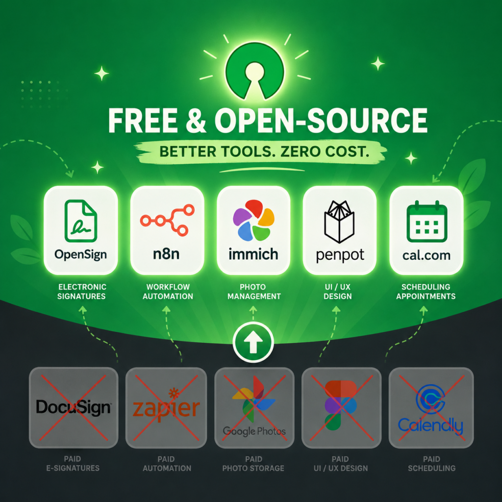 Darmowe alternatywy open-source - Stos przekreślonych logo płatnych narzędzi (DocuSign, Zapier, Google Photos, Figma, Calendly) a nad nimi - unoszące się, podświetlone logo ich darmowych odpowiedników. Zielone tło." zacznijmy od numeru 1
