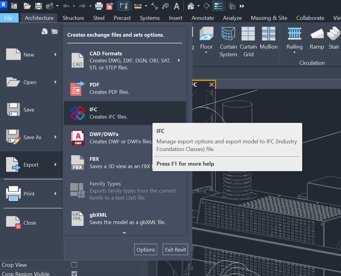 Menu File, Export, IFC