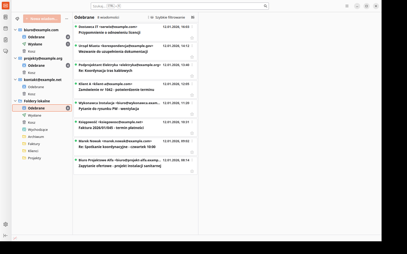 Trzy skrzynki mailowe i foldery lokalne w jednym oknie Thunderbirda