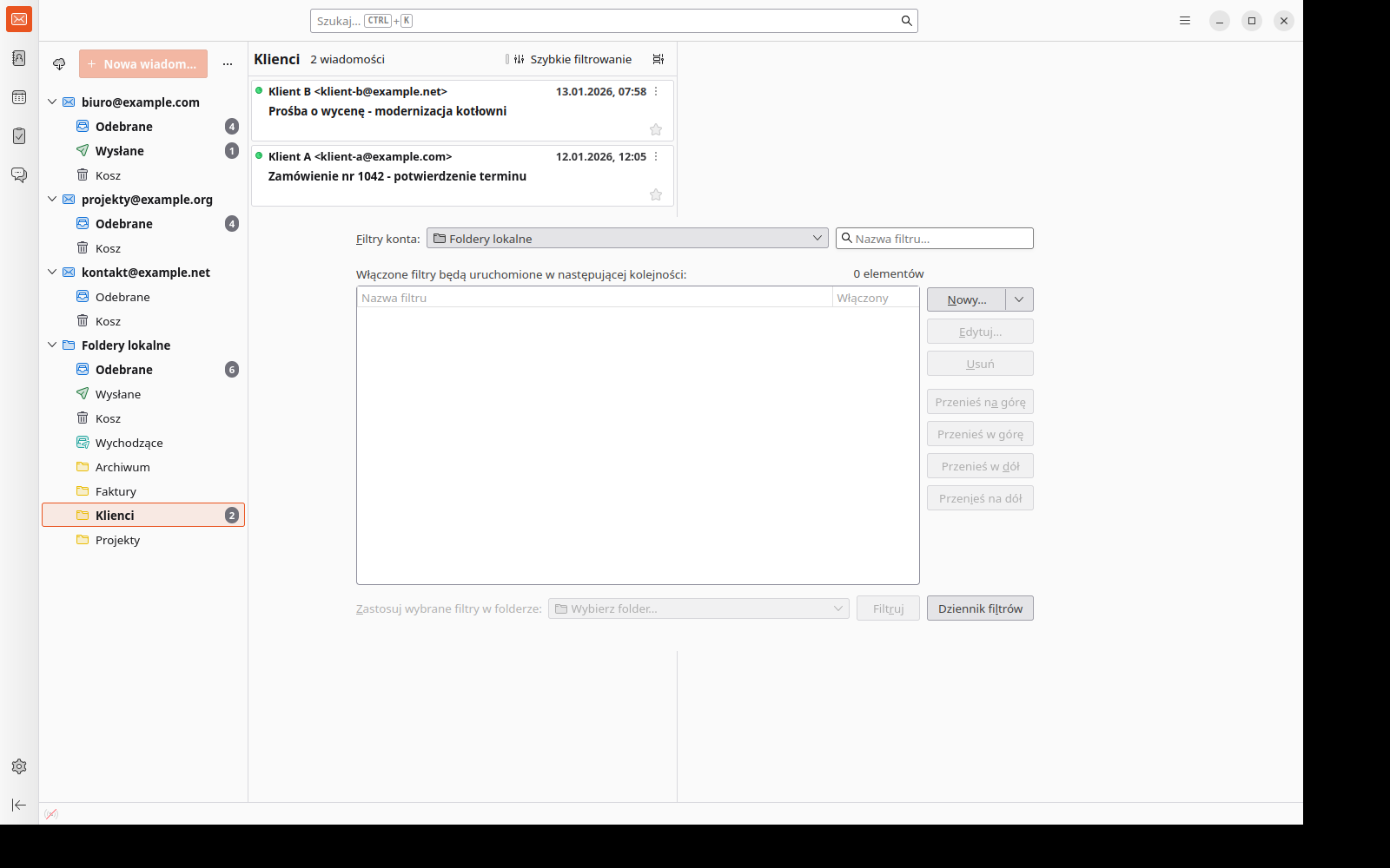 Folder Klienci z posortowaną korespondencją w Thunderbirdzie