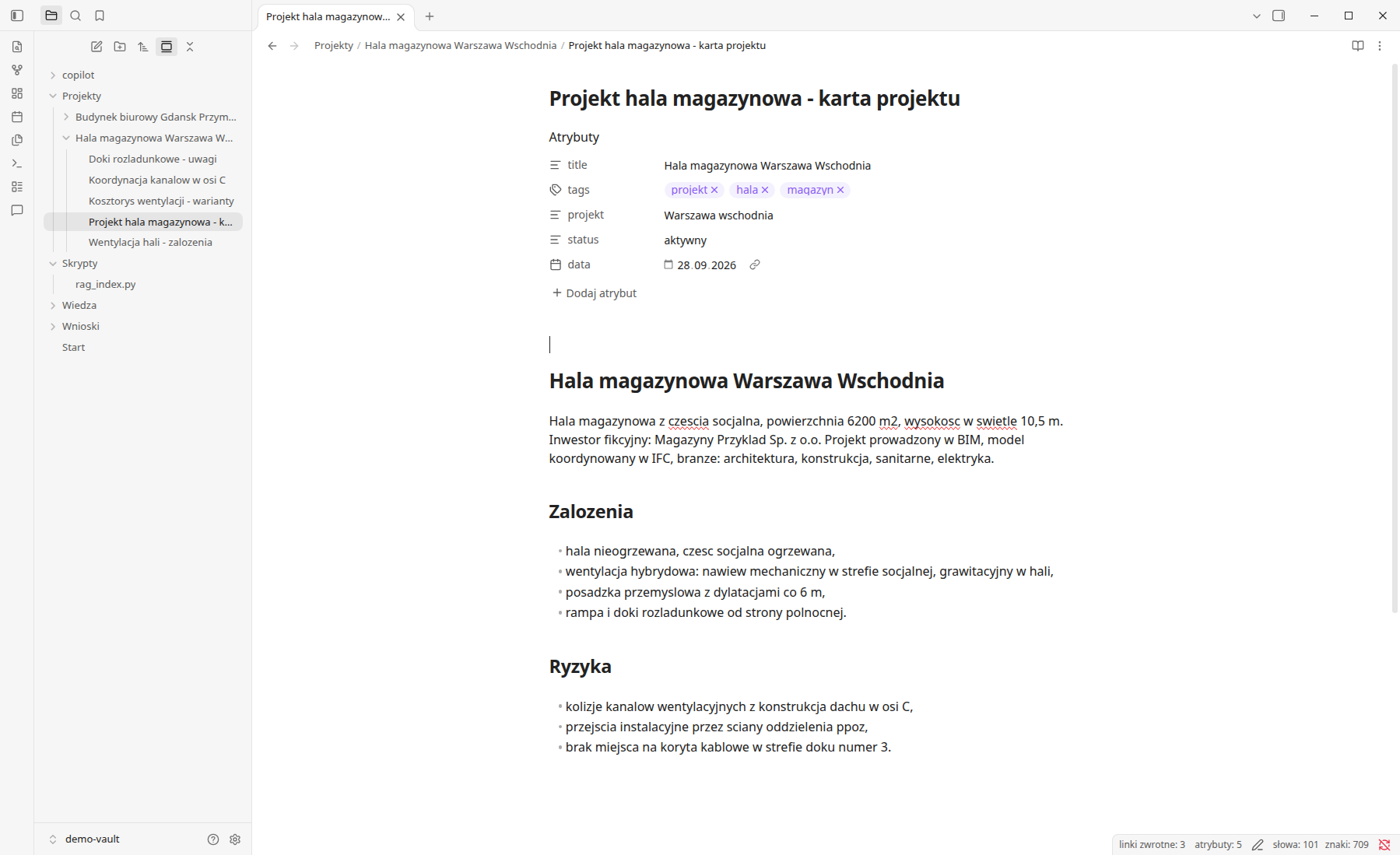 Karta projektu hali magazynowej z panelem Atrybuty: tytuł, tagi, projekt Warszawa Wschodnia, status aktywny i data
