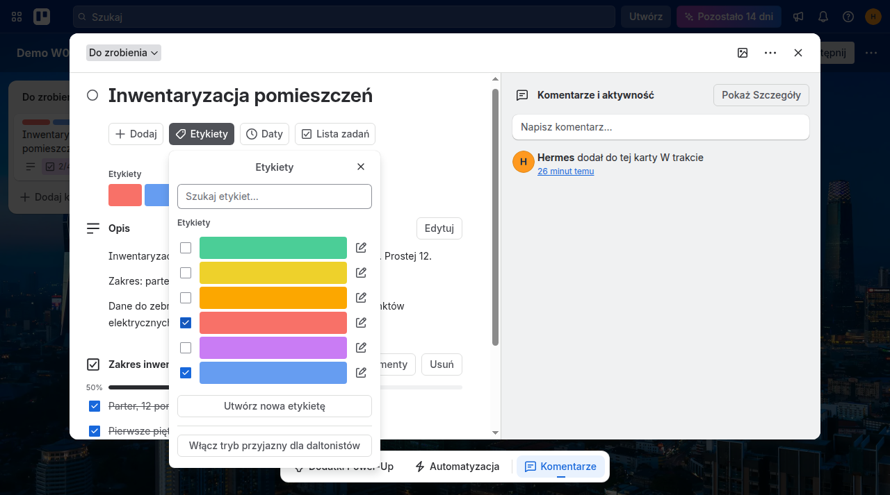 Okno Etykiety otwierane z karty. Zaznaczone kolory są już przypisane do karty, a przycisk Utwórz nową etykietę pozwala dodać kolejny.