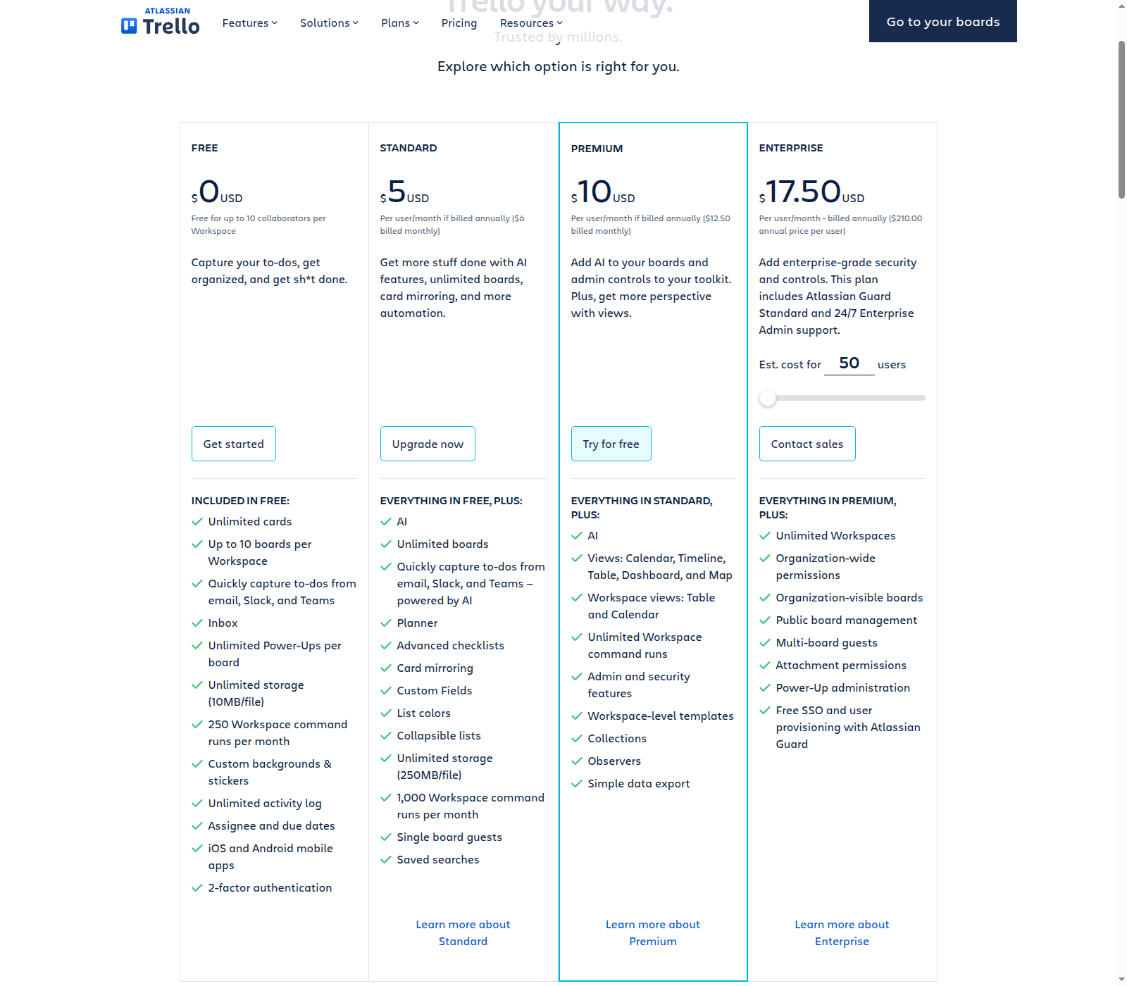 Strona cennika Trello. W kolumnie FREE widać cenę 0 USD, limit 10 współpracowników, 10 tablic, 250 uruchomień automatyzacji miesięcznie i pliki do 10 MB. Obok ceny planów Standard, Premium i Enterprise.