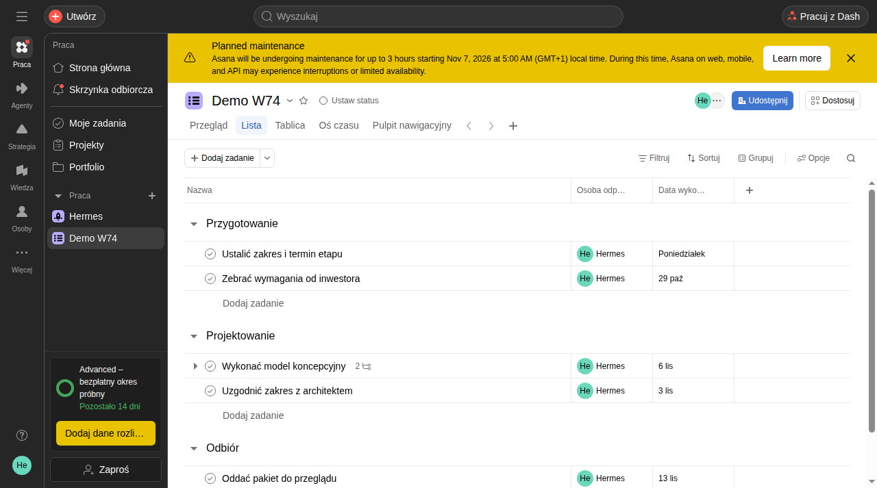 Projekt Demo W74 w widoku listy
