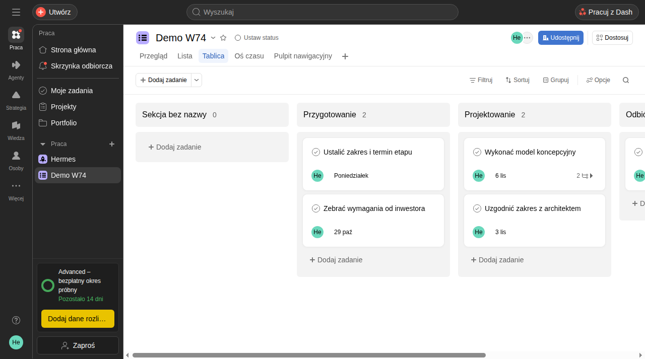 Projekt Demo W74 w widoku tablicy