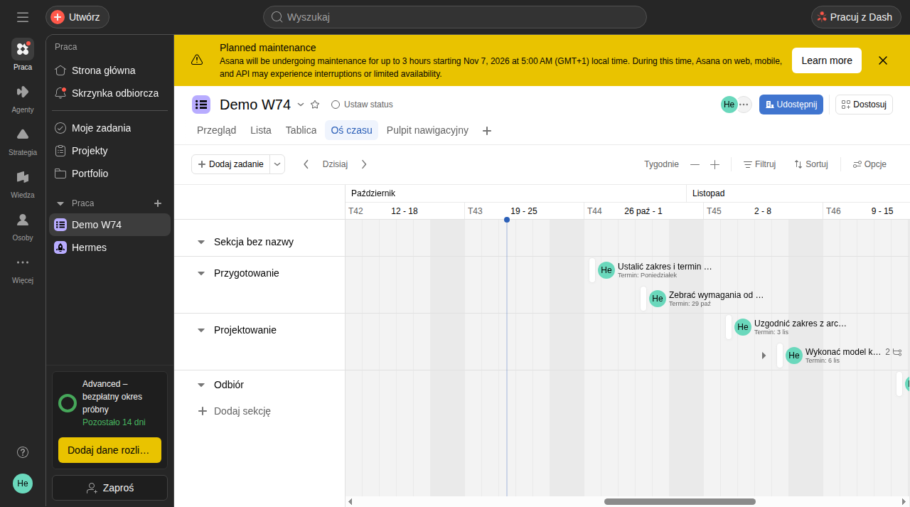 Projekt Demo W74 na osi czasu