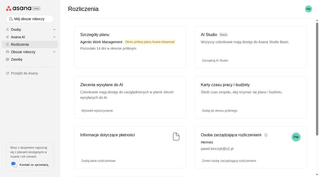 Panel rozliczeń i szczegóły planu w Asanie