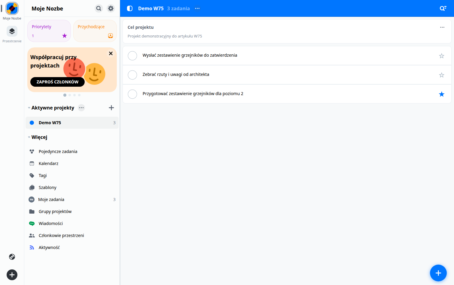 Projekt Demo W75 z trzema zadaniami w Nozbe