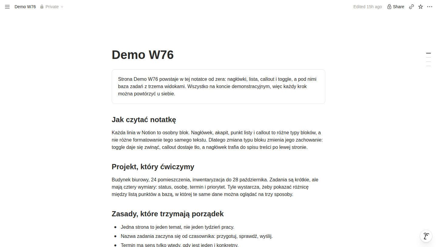 Zrzut ekranu strony Demo W76 w Notion z tytulem, blokiem callout i naglowkami sekcji