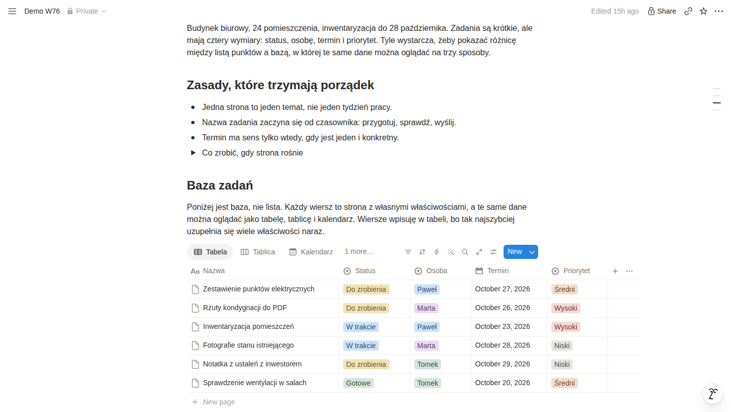 Zrzut ekranu listy punktowanej, zwiniętego bloku toggle i nagłówka Baza zadań