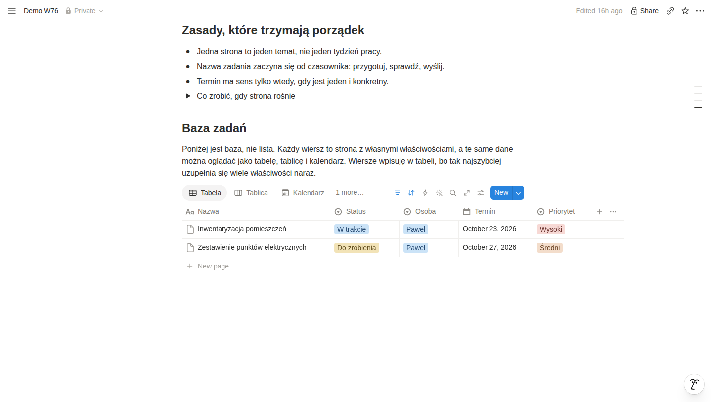 Zrzut ekranu bazy zadań z filtrem Osoba równy Paweł i sortowaniem po terminie, dwa widoczne wiersze