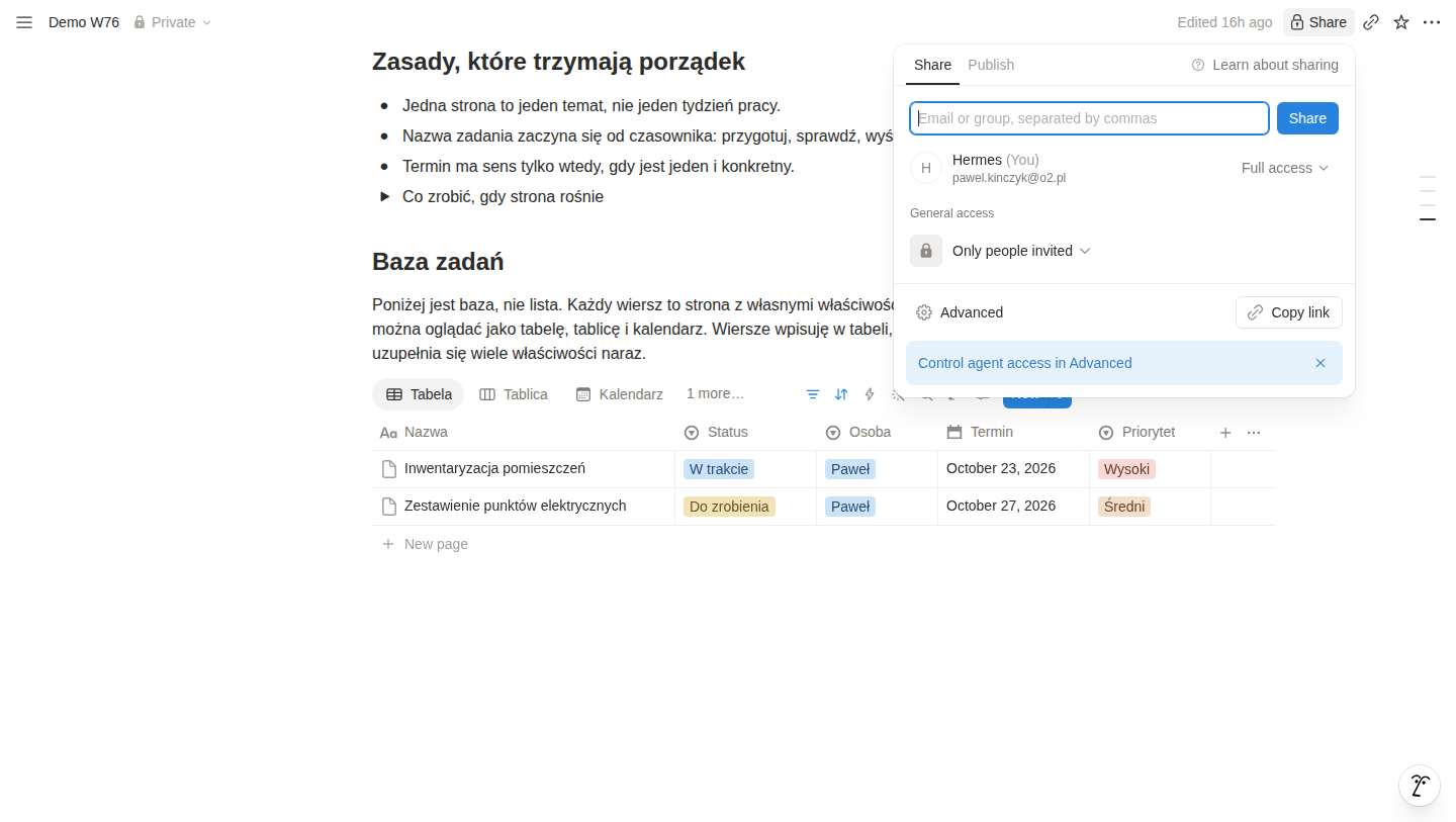 Zrzut ekranu panelu udostępniania w Notion z listą osób, ustawieniem General access i przyciskiem Copy link