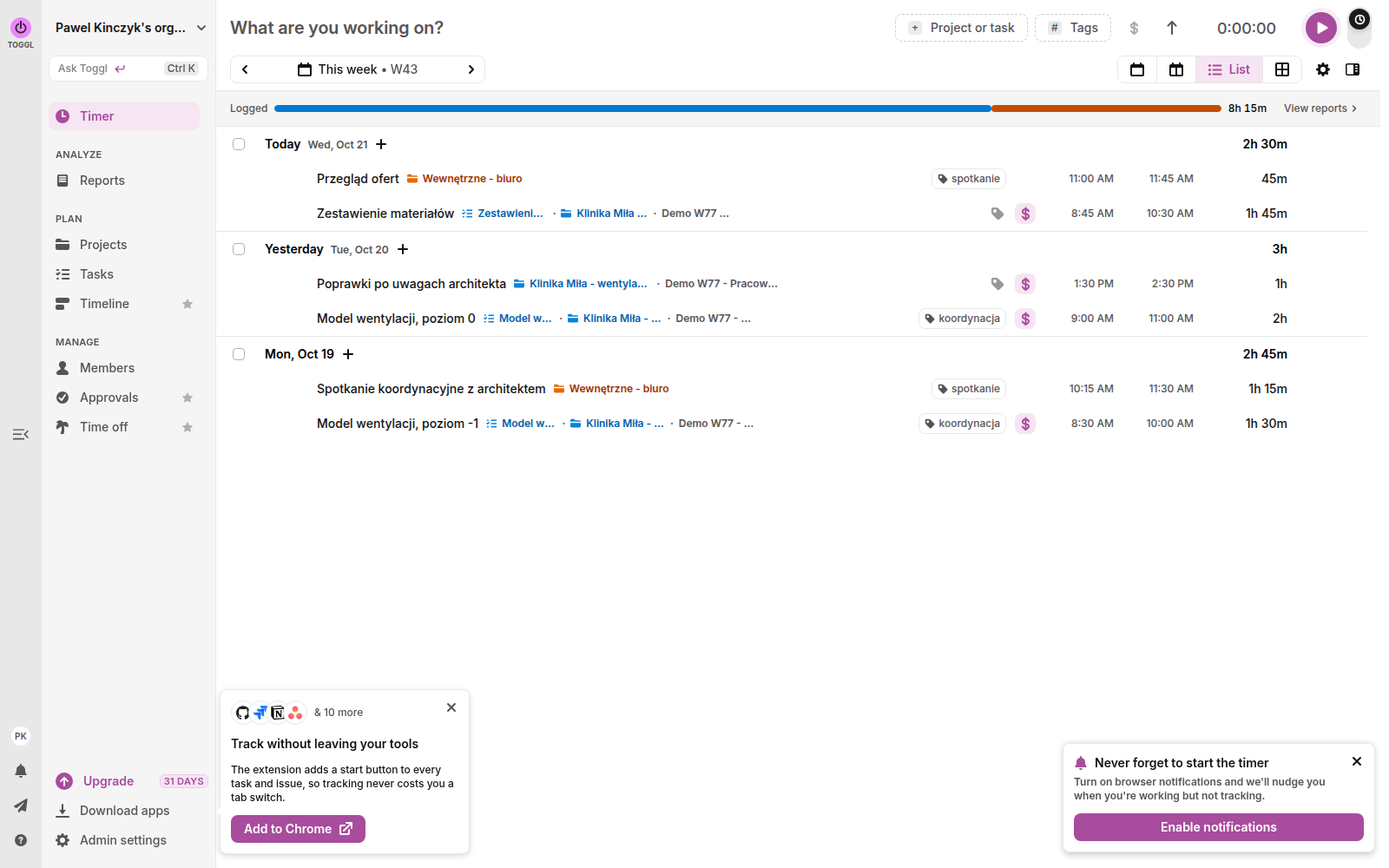 Lista wpisów czasu w Toggl Track z projektem, zadaniem i tagiem