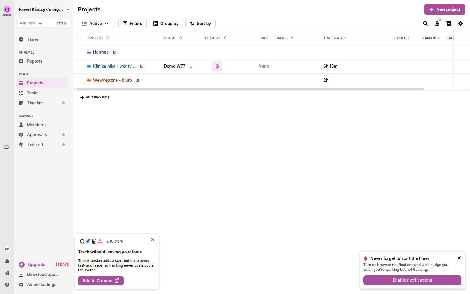 Lista projektów w Toggl Track z klientem, znacznikiem billable i czasem