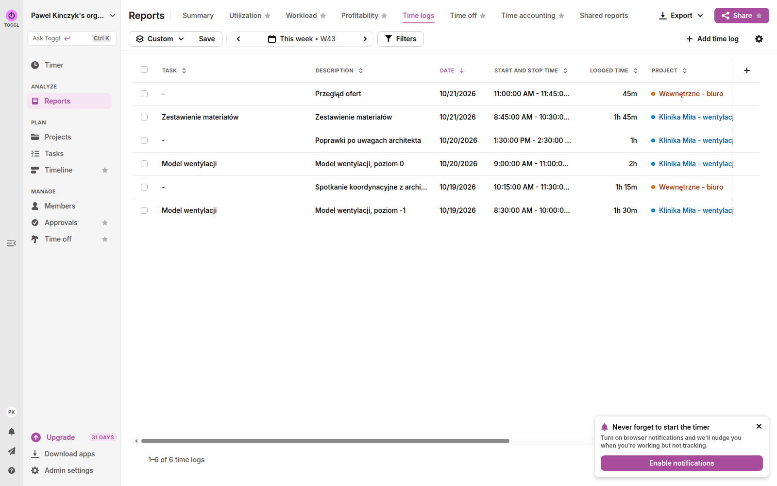Raport Time logs w Toggl Track z listą wpisów czasu