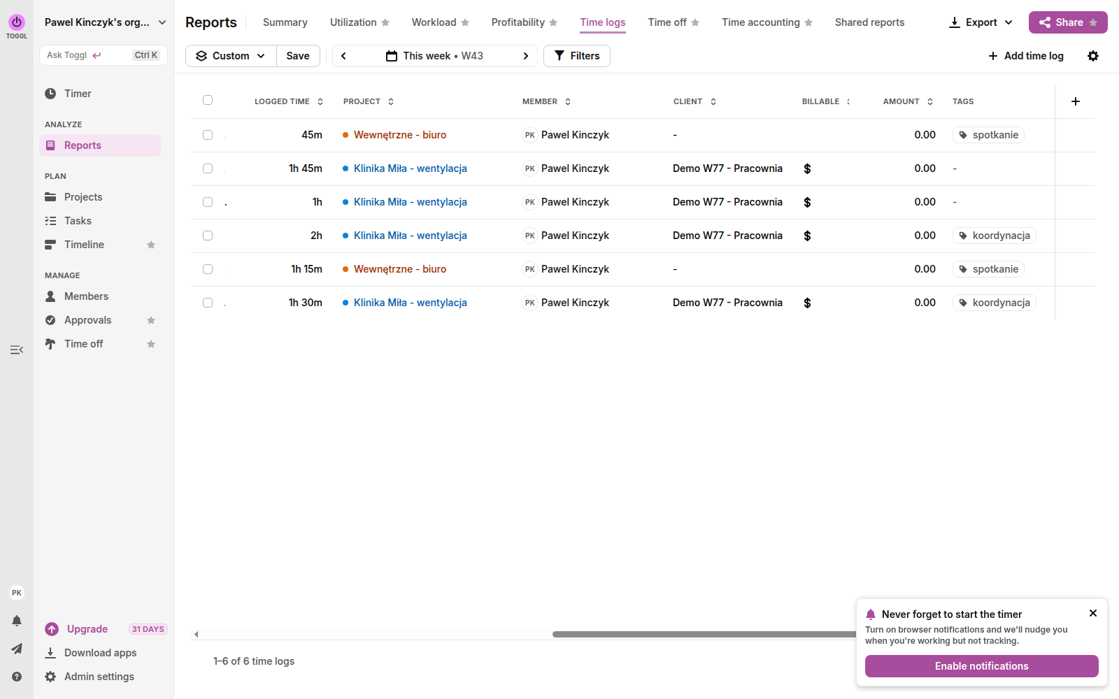 Raport Time logs w Toggl Track z kolumnami billable i kwoty