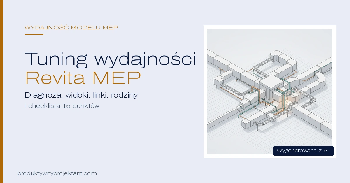 Okładka: sieć kanałów i rur MEP w modelu Revit, tytuł o tuningu wydajności Revita